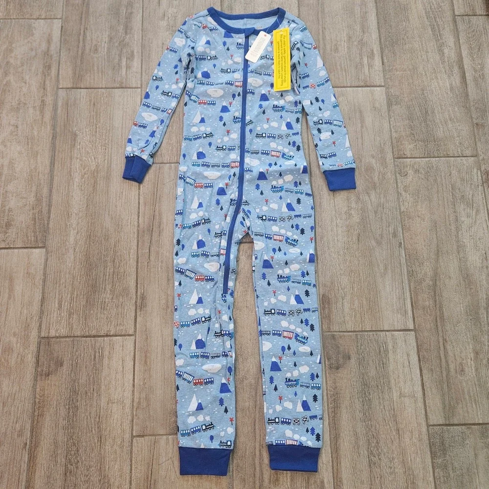 Gymboree Train Pajamas Kids 6 Blue Mountain Print NEW Cotton Zip One Piece Sleep